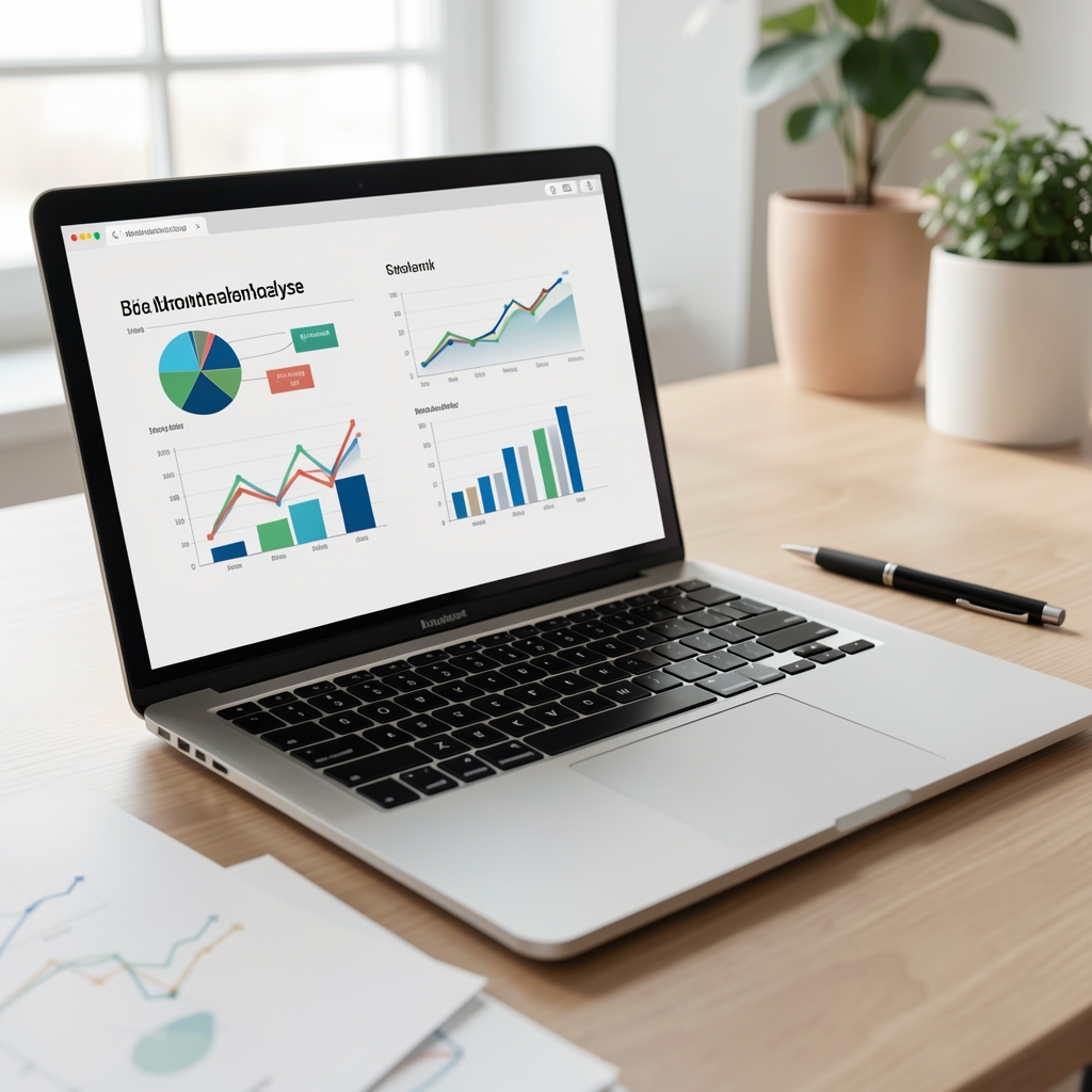 Offenes Notizbuch mit Diagrammen und Stift neben einem Laptop für eine Branchenanalyse