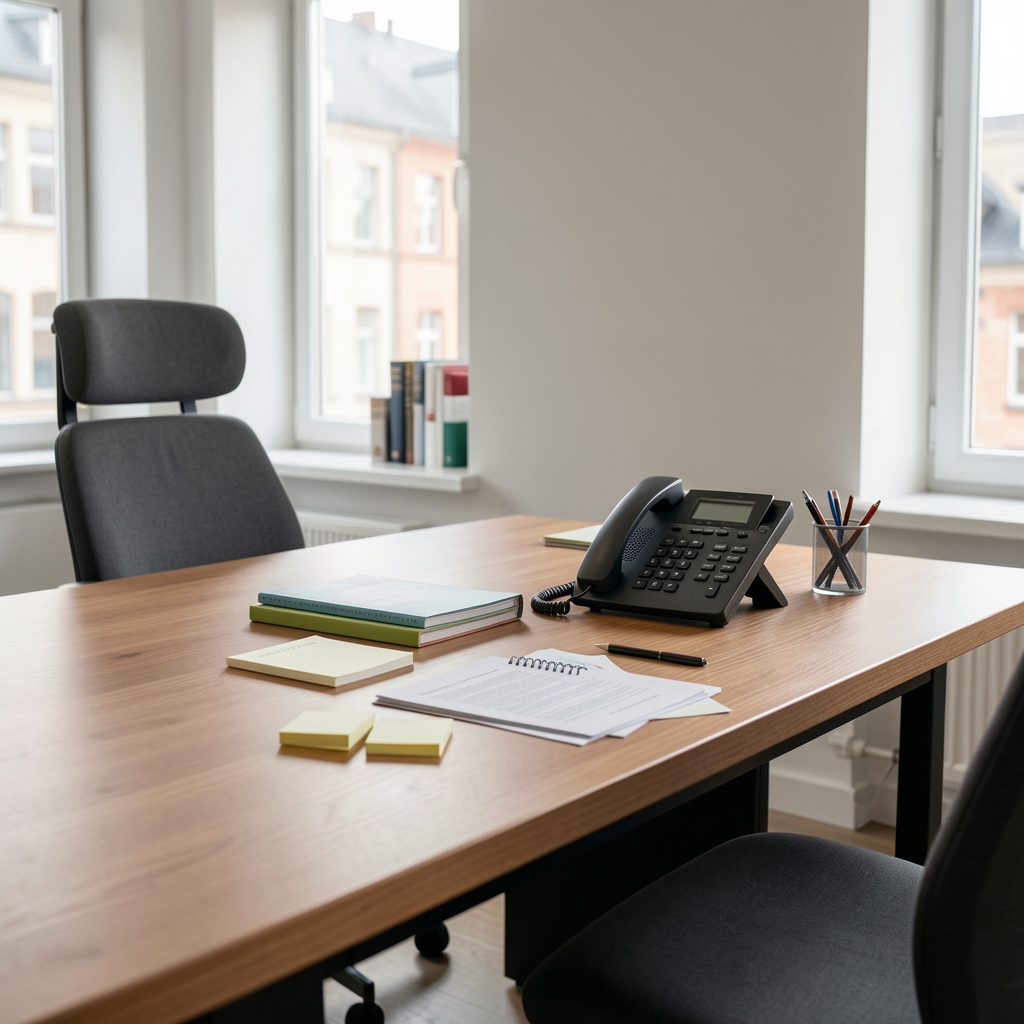 Modernes redaktionelles Büro in Berlin mit Schreibtisch, Telefon und Notizen