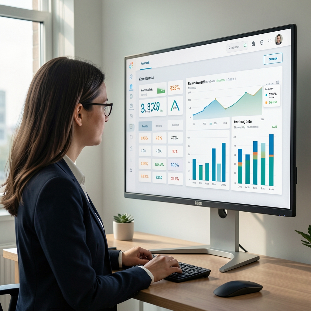 Analystin betrachtet ein übersichtliches Dashboard mit Kennzahlen und Diagrammen auf einem großen Monitor