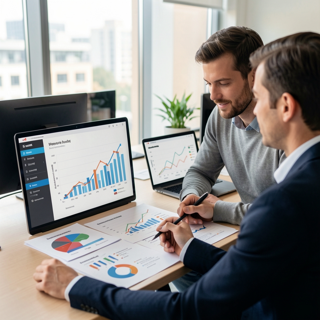 Helles Redaktionsteam bei der gemeinsamen Auswertung von Diagrammen und digitalen Marketingquellen