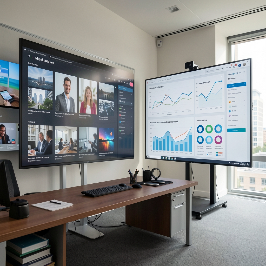 Modernes Berliner Medienbüro mit großen Bildschirmen und einer Analyseoberfläche für digitale Trends
