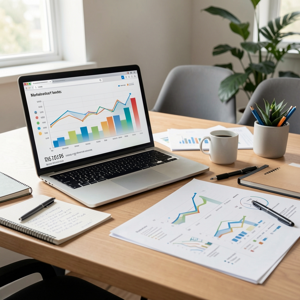 Redaktioneller Schreibtisch mit Notizen, Laptop und Diagrammen zu digitalen Marketingtrends im Jahr 2026