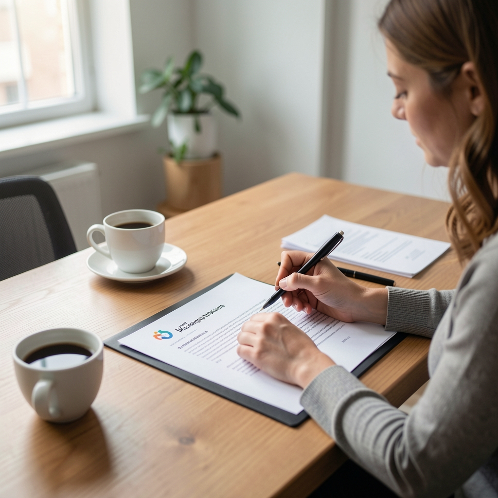 Leserin markiert einen digitalen Marketingbericht an einem ruhigen Schreibtisch mit Kaffee und Papier