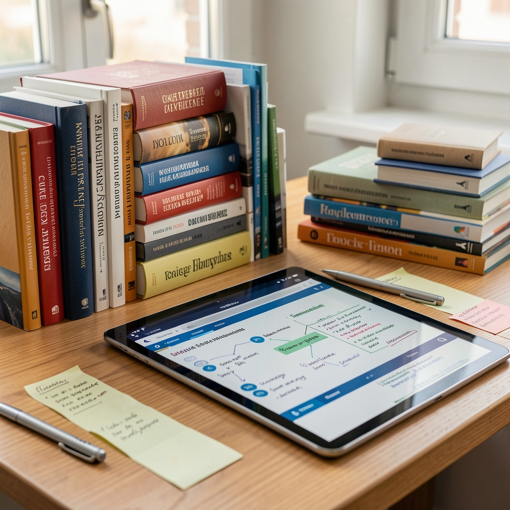 Helle Bibliothek mit Fachbüchern, Tablet und markierten Notizen zu digitaler Kommunikation