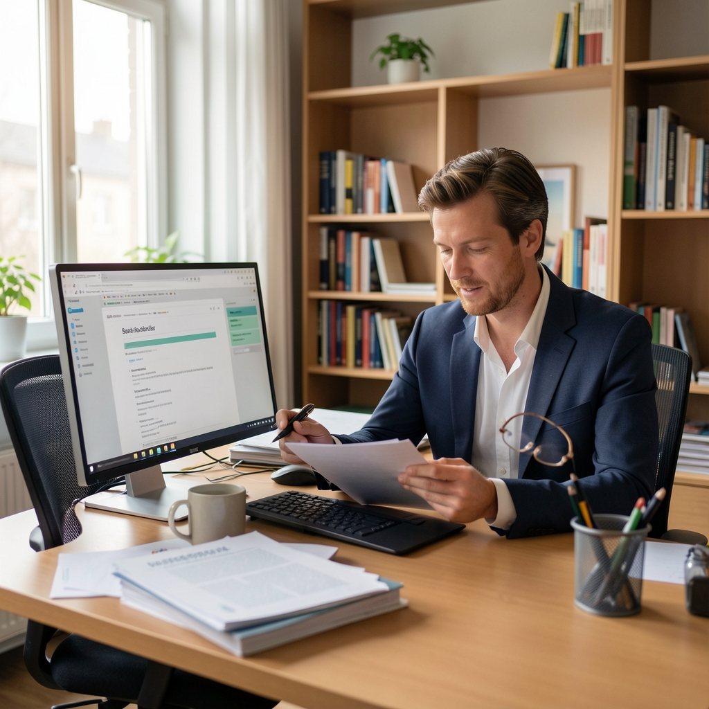 Redakteur vergleicht Suchanfragen und Quellen in einem ruhigen Medienbüro