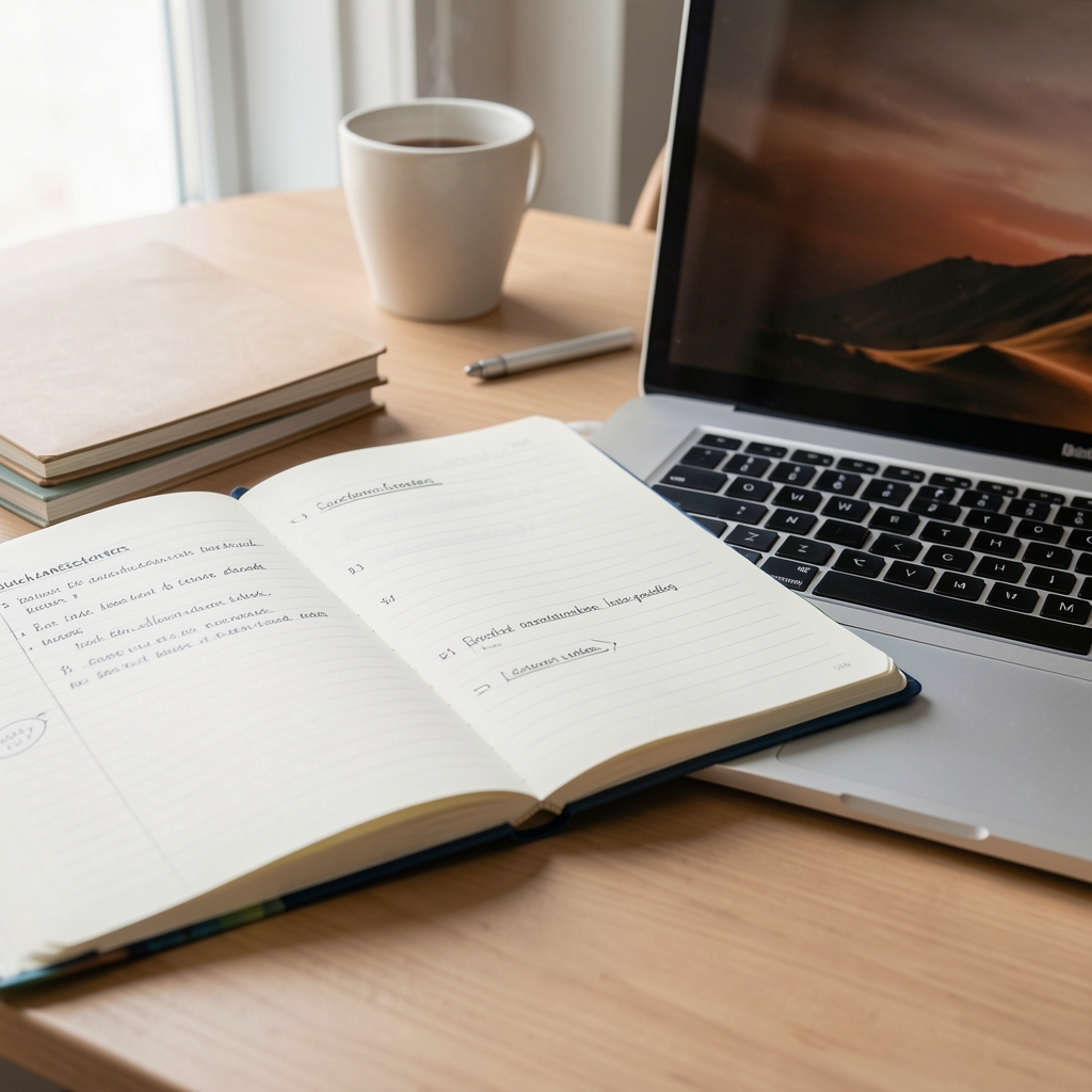 Notizbuch neben Laptop mit strukturierter Recherche zu Suchlandschaften und redaktionellen Inhalten