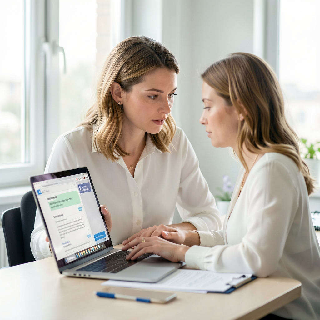 Analystin untersucht Suchergebnisse und Plattformregeln an einem hellen Arbeitsplatz